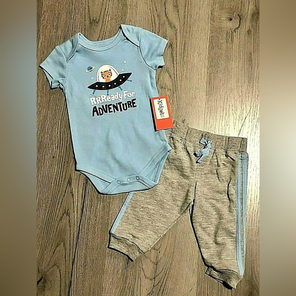 Kidgets 2 Piece Boys Space Cat T Shirt Jogger Set 6/9 Months Blue New